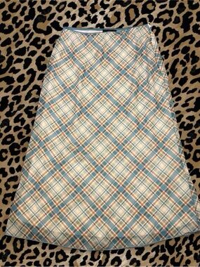 Iz Byer Plaid A-Line Skirt in Light Blue, Cream and Tan